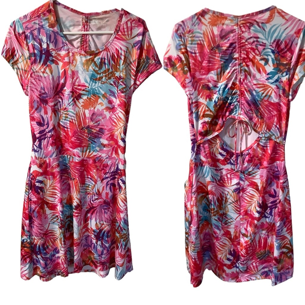 Reel Legends‎ Open Back Tropical Floral Print Short Sleeve Stretchy Dress Size M